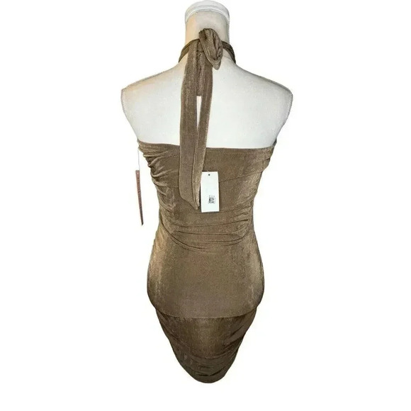 NEW Crave Fame Size Medium Brown Cut Out Ruched Tie Neck Sleeveless Halter Dress - Picture 3 of 4